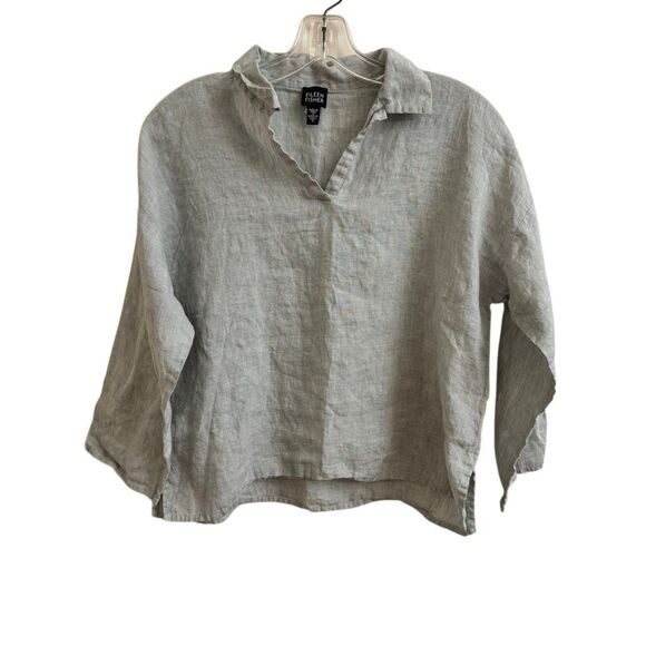 Eileen Fisher Irish Linen Light Green Popover Cropped Blouse Top Size Small - Picture 1 of 6